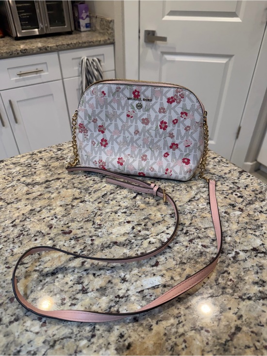 Michael Kors Handbags - Michael Kors White Floral Logo Crossbody with Pink Strap